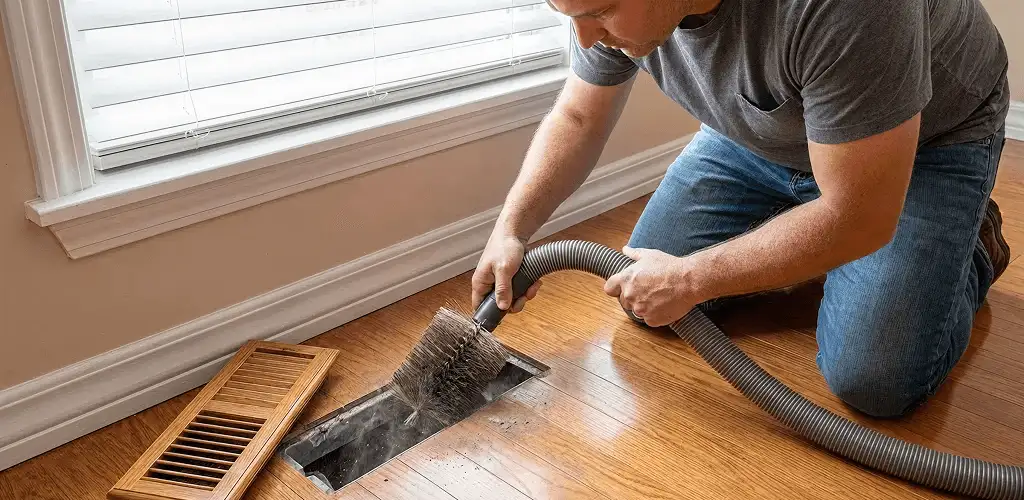 Air duct cleaning technician vacuuming a floor vent and duct opening in Erie, PA