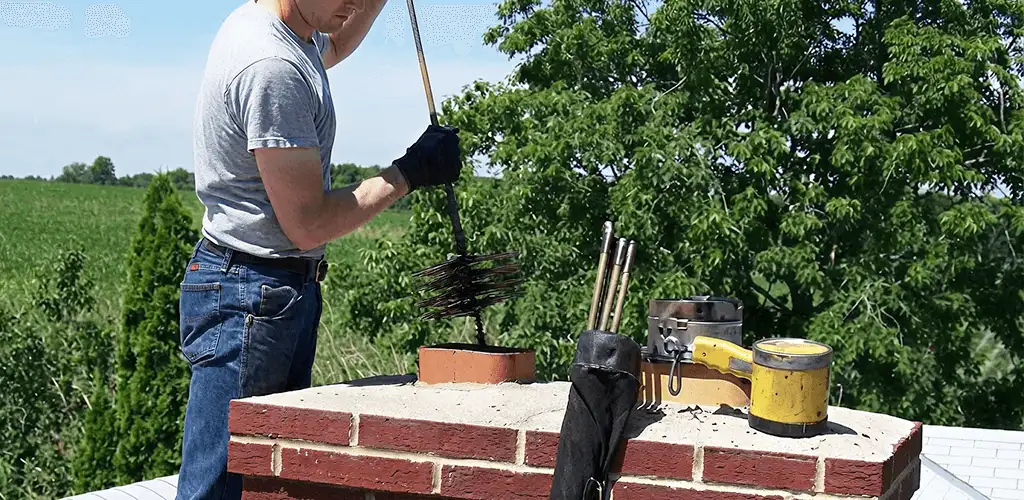 Chimney cleaning technician working on a rooftop chimney with professional tools in Erie, PA