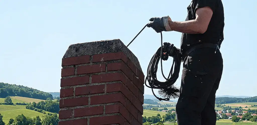 Chimney sweep inspecting and cleaning a rooftop chimney in Erie, PA