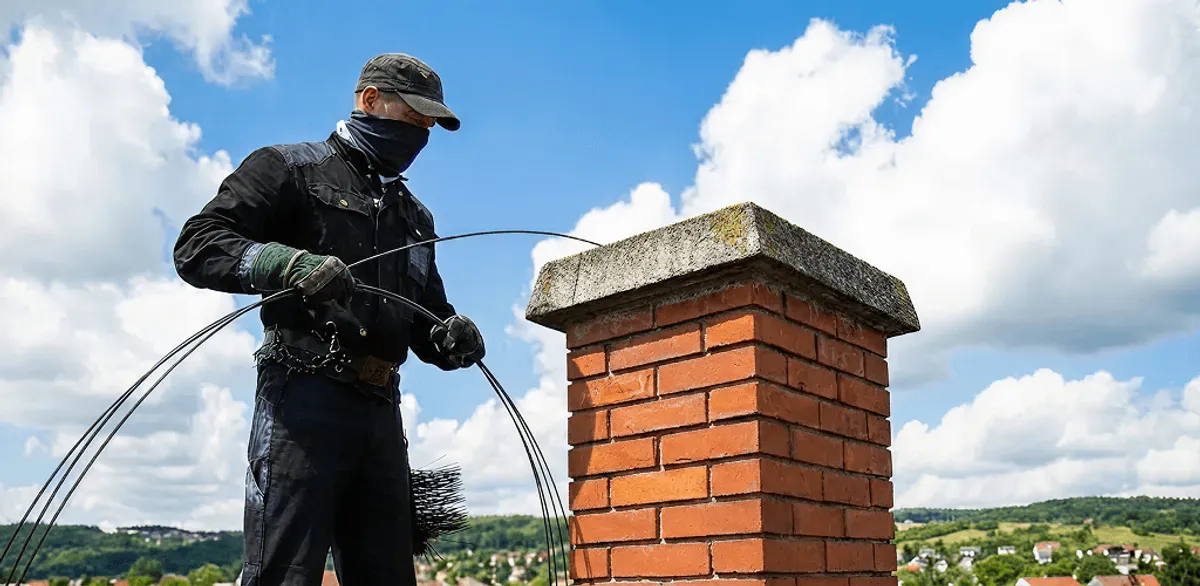 Chimney sweep cleaning a brick chimney with professional tools in Erie, PA