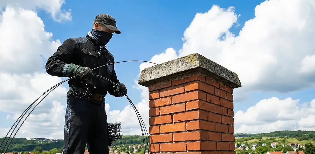 Chimney sweep cleaning a brick chimney with professional tools in Erie, PA