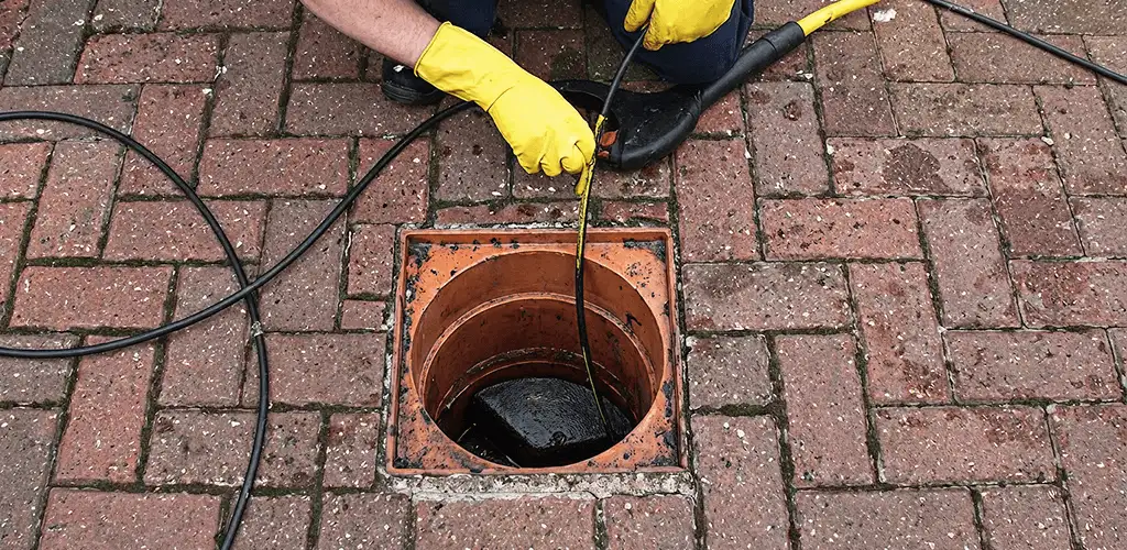 Drain cleaning technician using a drain snake to clear a clogged drain in Erie, PA