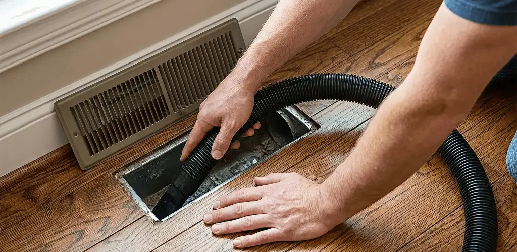 Air duct cleaning technician vacuuming a floor register and duct opening in Erie, PA