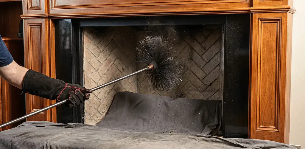 Chimney cleaning service brushing soot from a fireplace and flue in Erie, PA