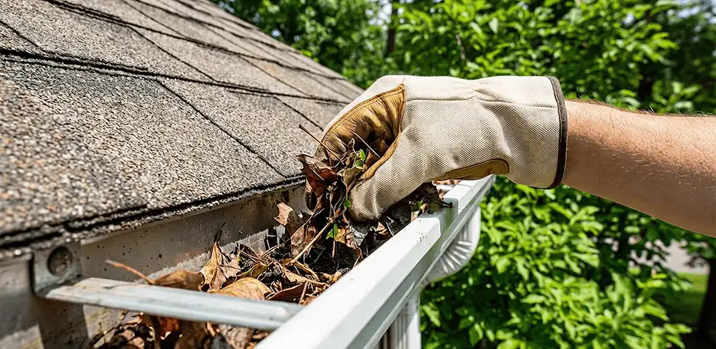 Gutter cleaning removing leaves and debris from roof gutters in Erie, PA