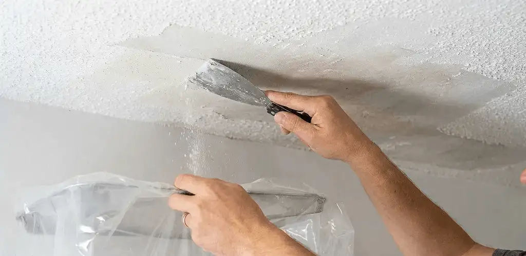 Popcorn ceiling removal technician scraping texture from a ceiling in Erie, PA