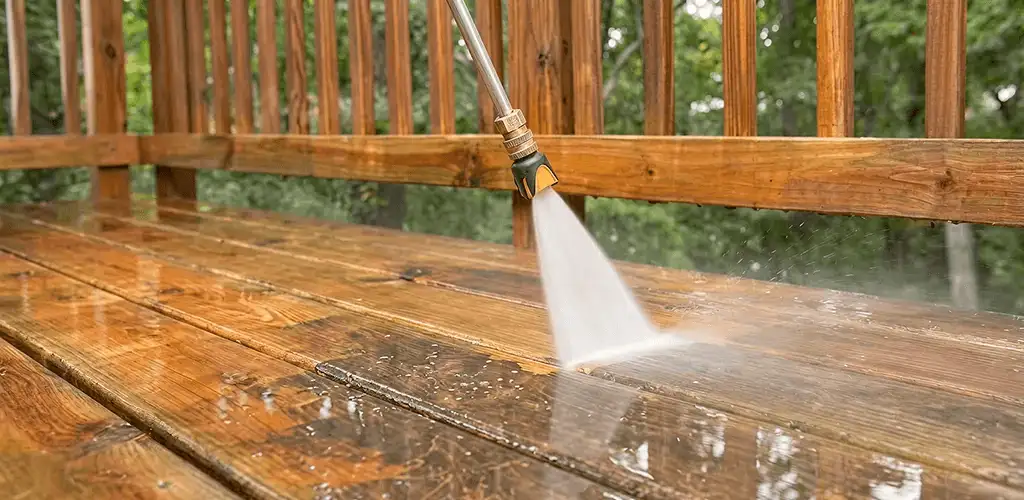 Pressure washing a wood deck to remove dirt and buildup in Erie, PA