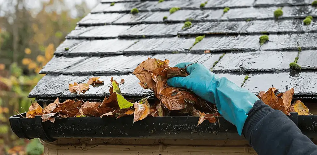 Gutter cleaning technician clearing wet leaves from roof gutters in Erie, PA