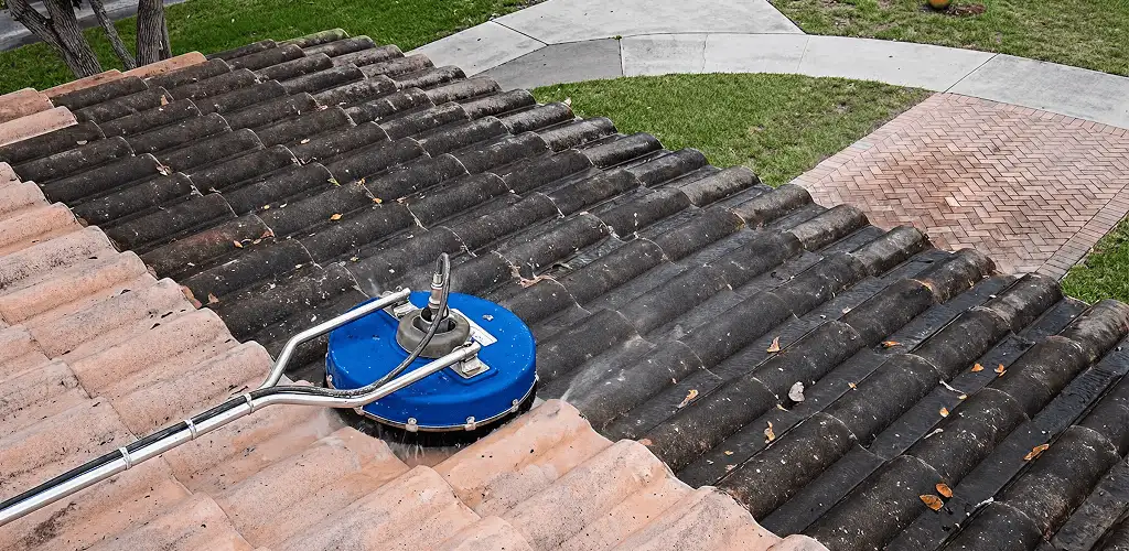 Roof pressure cleaning removing debris and buildup from roof tiles in Erie, PA