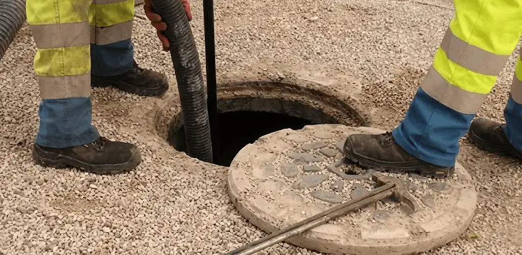 Drain cleaning crew clearing a sewer access point with professional equipment in Erie, PA