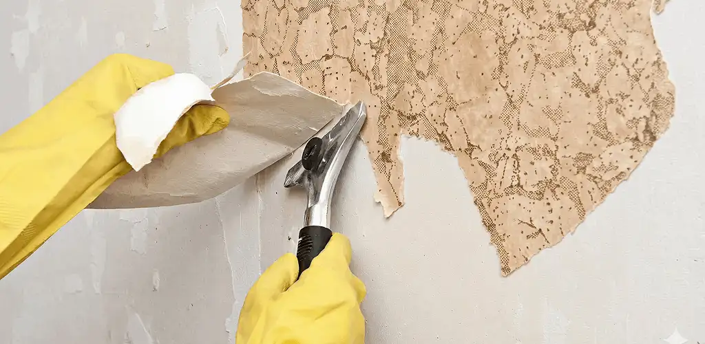 Wallpaper removal service stripping old wallpaper from a wall in Erie, PA